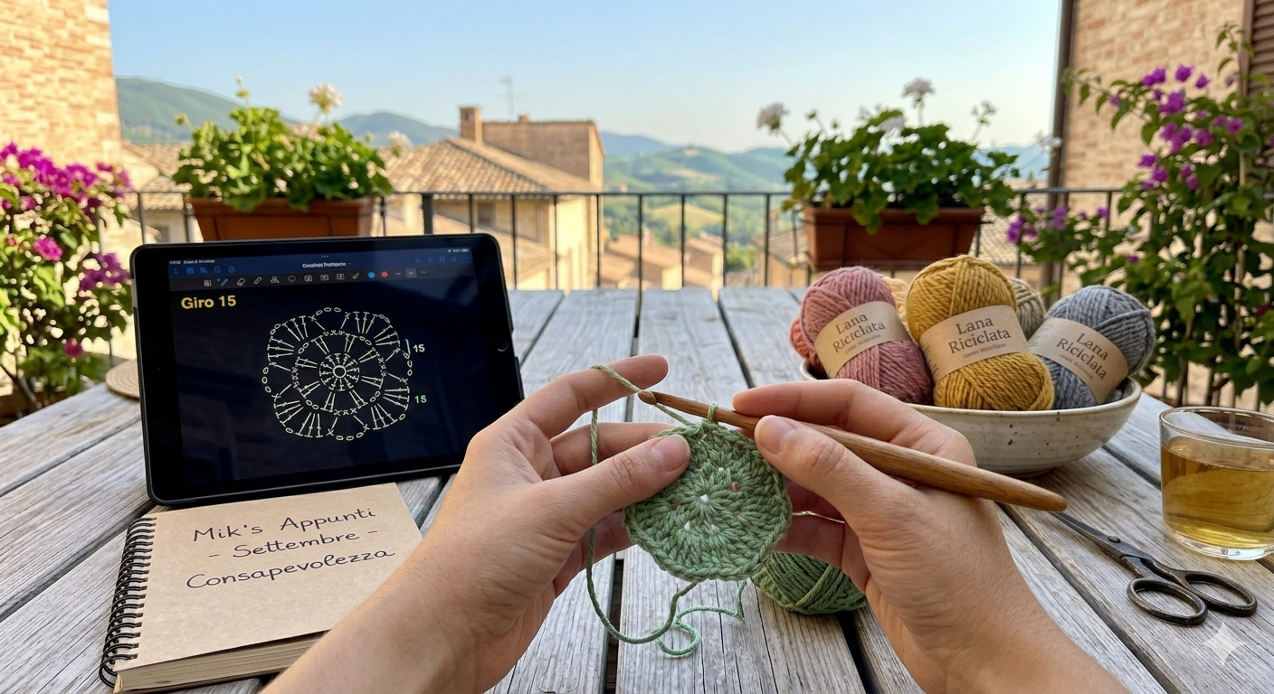 Un'immagine intima e soleggiata di Fabriano in una calda giornata di Settembre, che mostra le mani mentre lavorano un filato organico green. Un tablet visualizza un'app moderna per schemi digitali con 'Giro 15'. Sul tavolo di legno ci sono gomitoli di lana riciclata e un taccuino 'Mik's Appunti - Settembre - Consapevolezza'. Sullo sfondo sfocato, tetti medievali e colline.