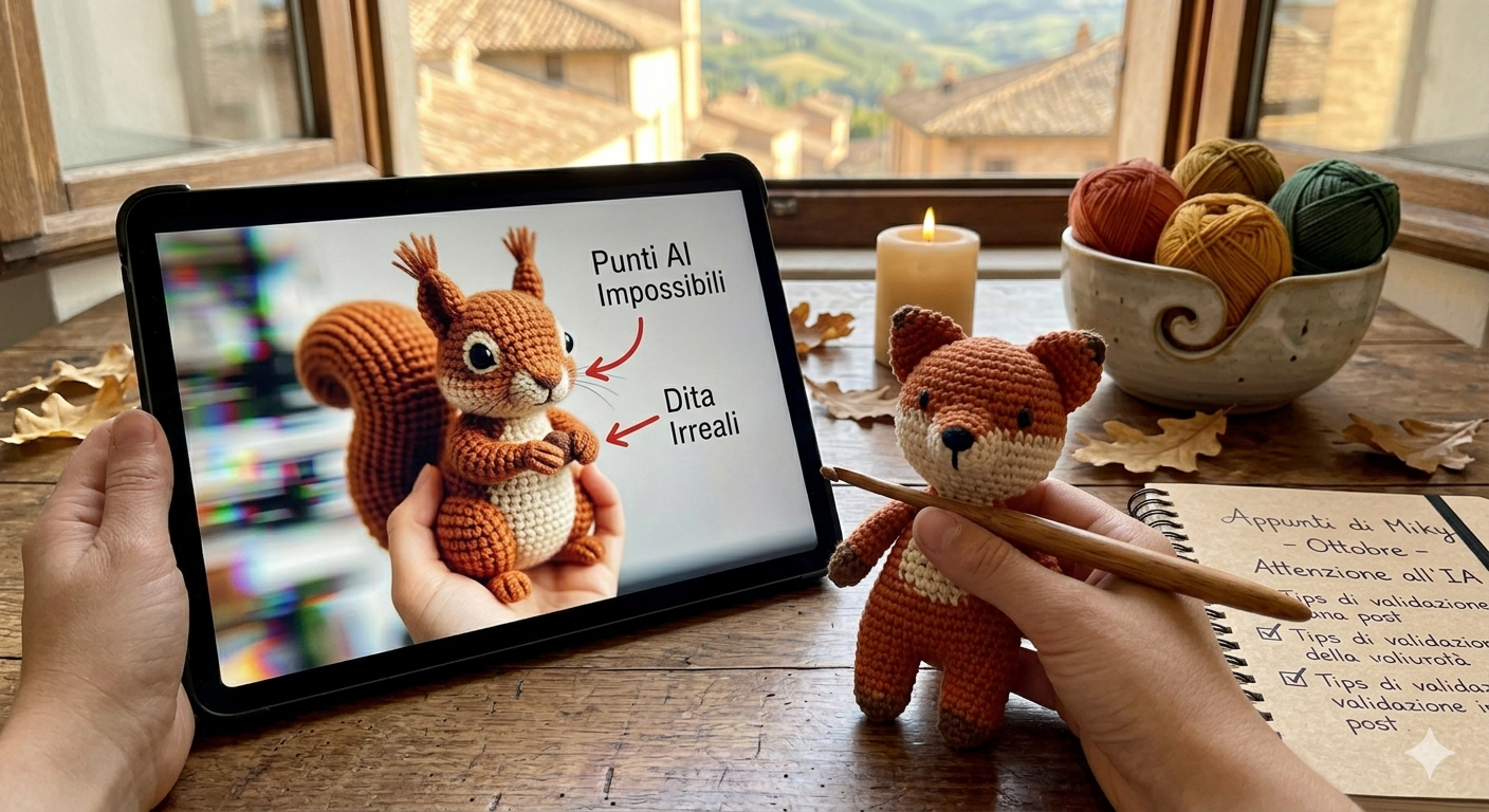 Miky a Fabriano in una giornata di Ottobre confronta un tablet che mostra un'immagine di un pupazzo IA palesemente finto (con troppe dita e punti assurdi) e il suo lavoro reale e materico appoggiato sul tavolo. Atmosfera autunnale con foglie secche e una candela accesa.